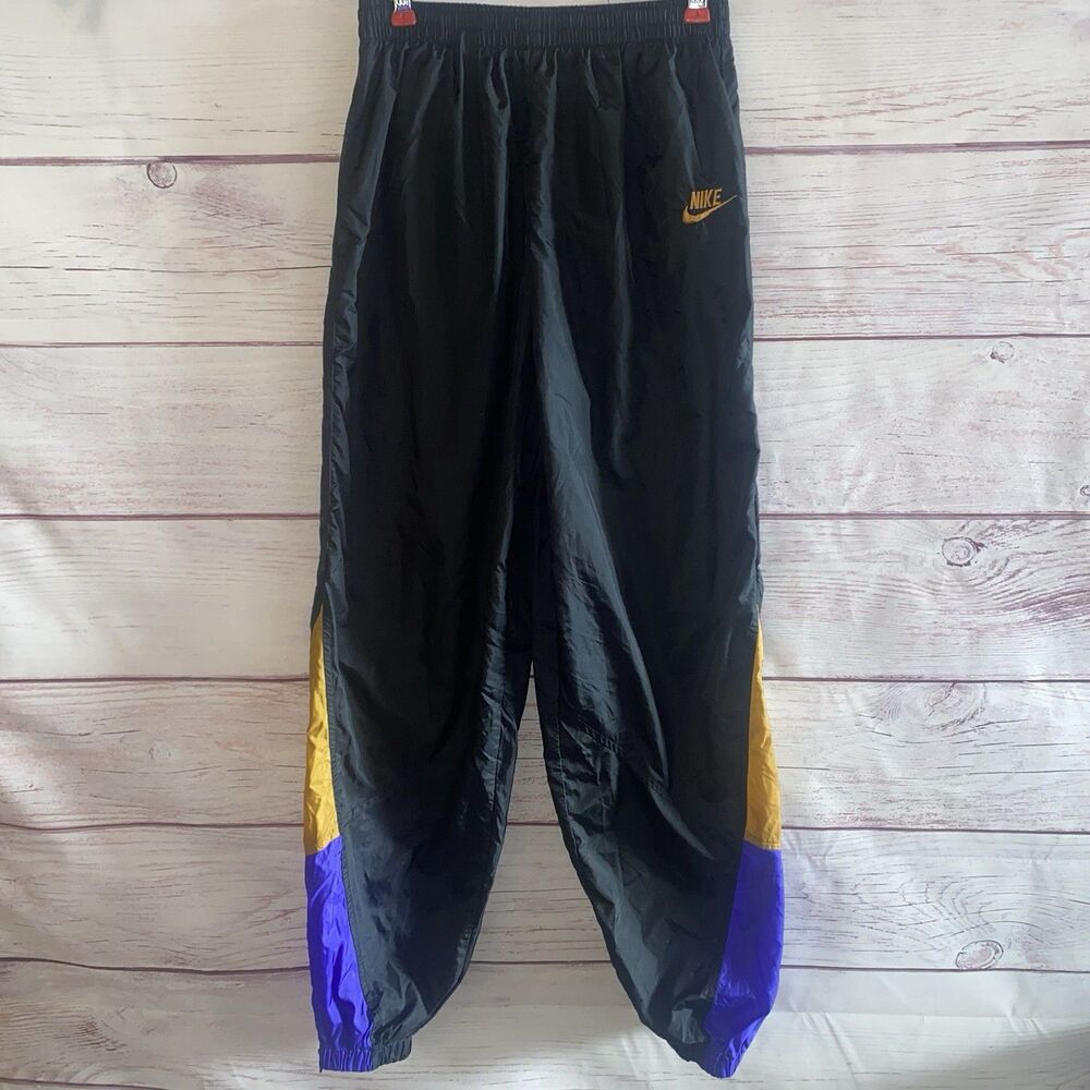 Vintage 90s Nike Windbreaker Pants Boys L 14-16 Black Purple Gold Nylon B28